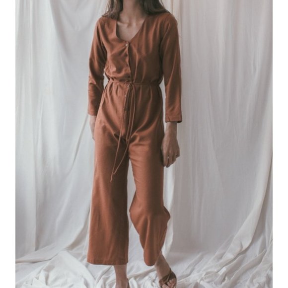 OZMA Pants - OZMA Silk Noil Long Sleeve Cypress Playsuit in Sienna S